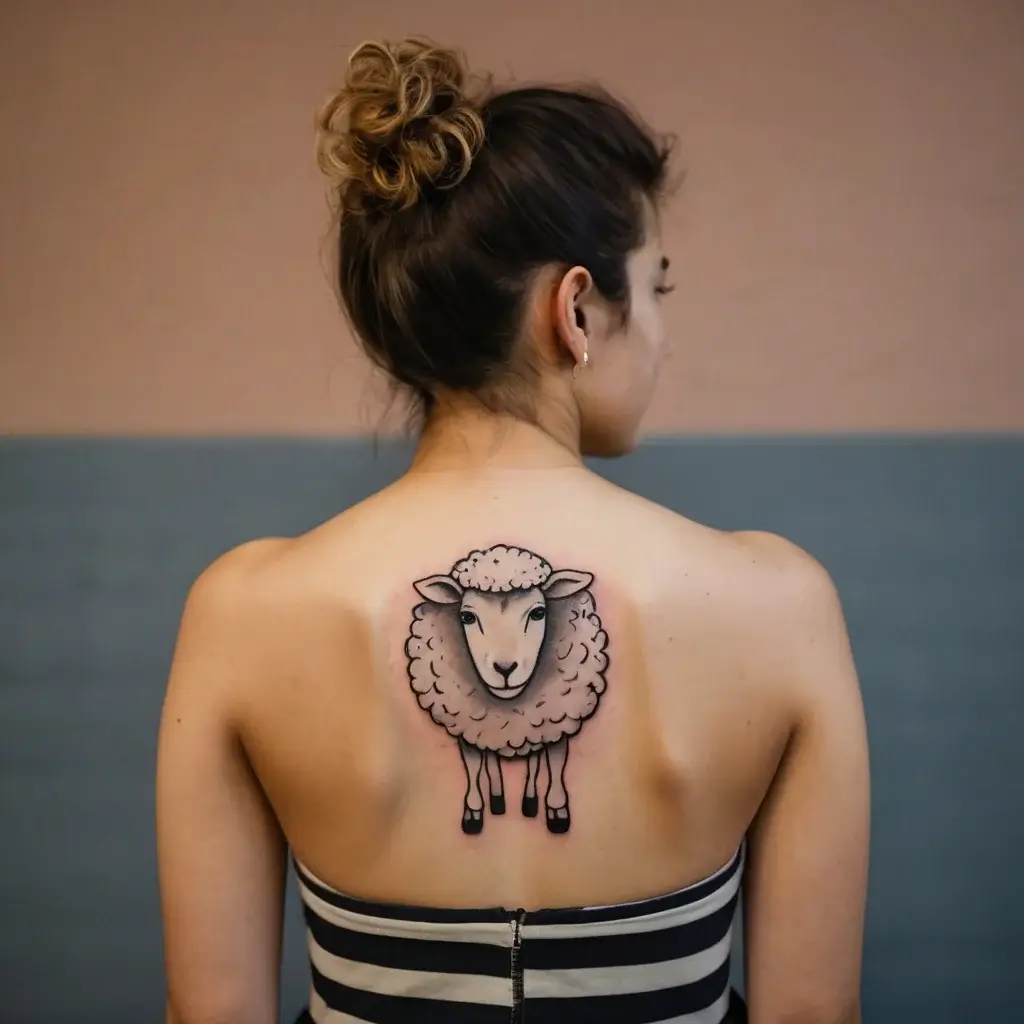 Tattoo of a cartoon-style sheep centered on a woman's upper back. Bold outlines and subtle shading enhance its fluffy appearance.