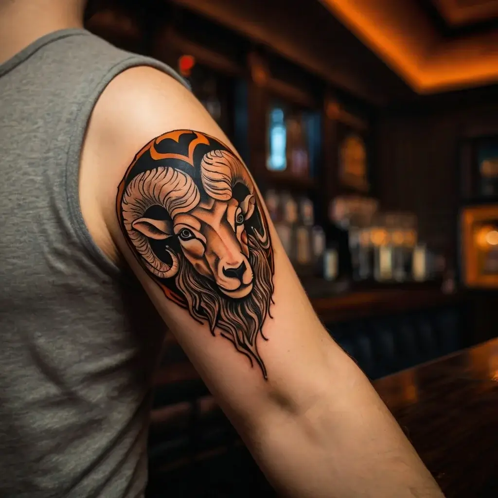 Tattoo of a stylized ram's head with bold black and orange outlines, highlighting its majestic horns on the upper arm.