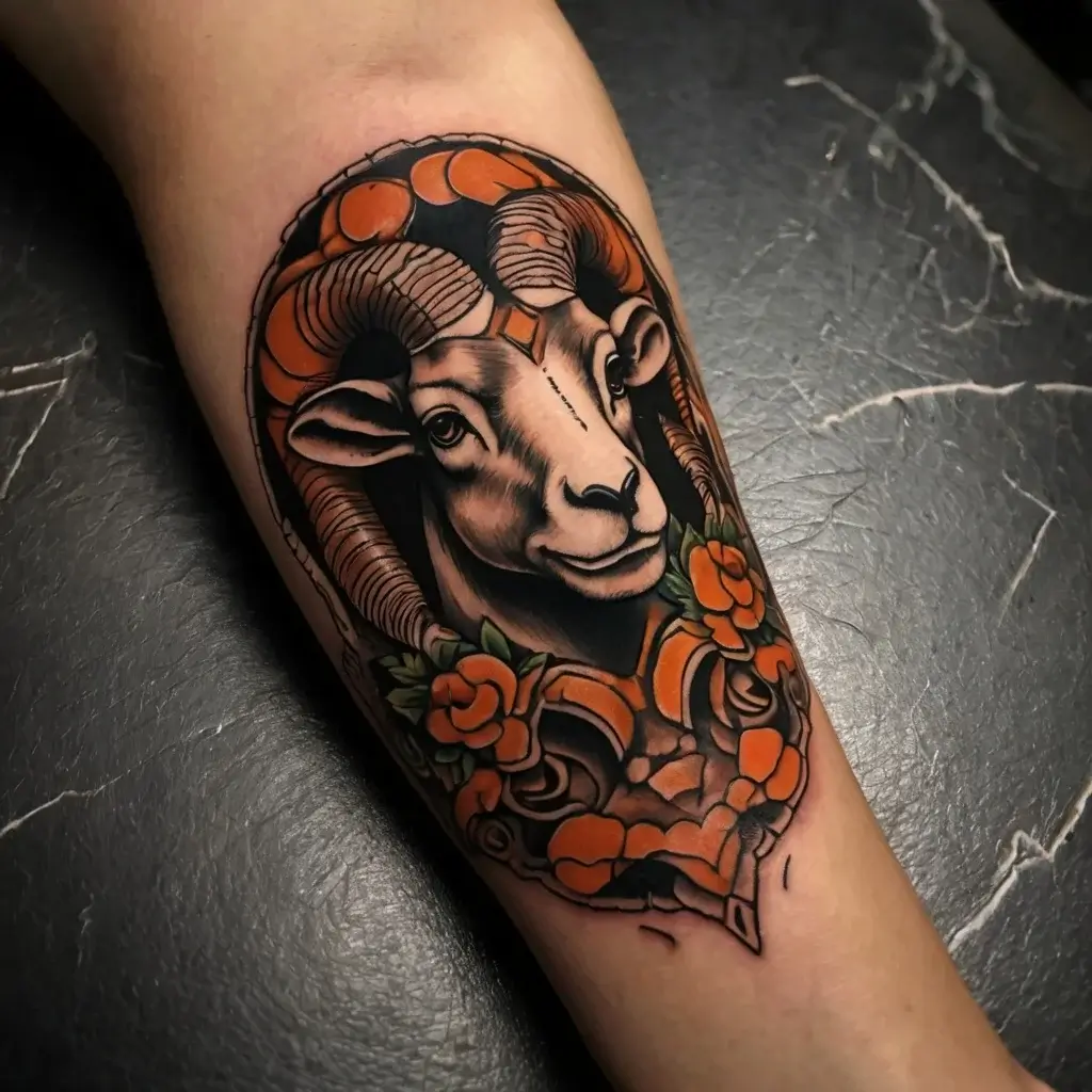 Tattoo of a ram head framed by orange and black geometric patterns, highlighted with roses and green leaves.