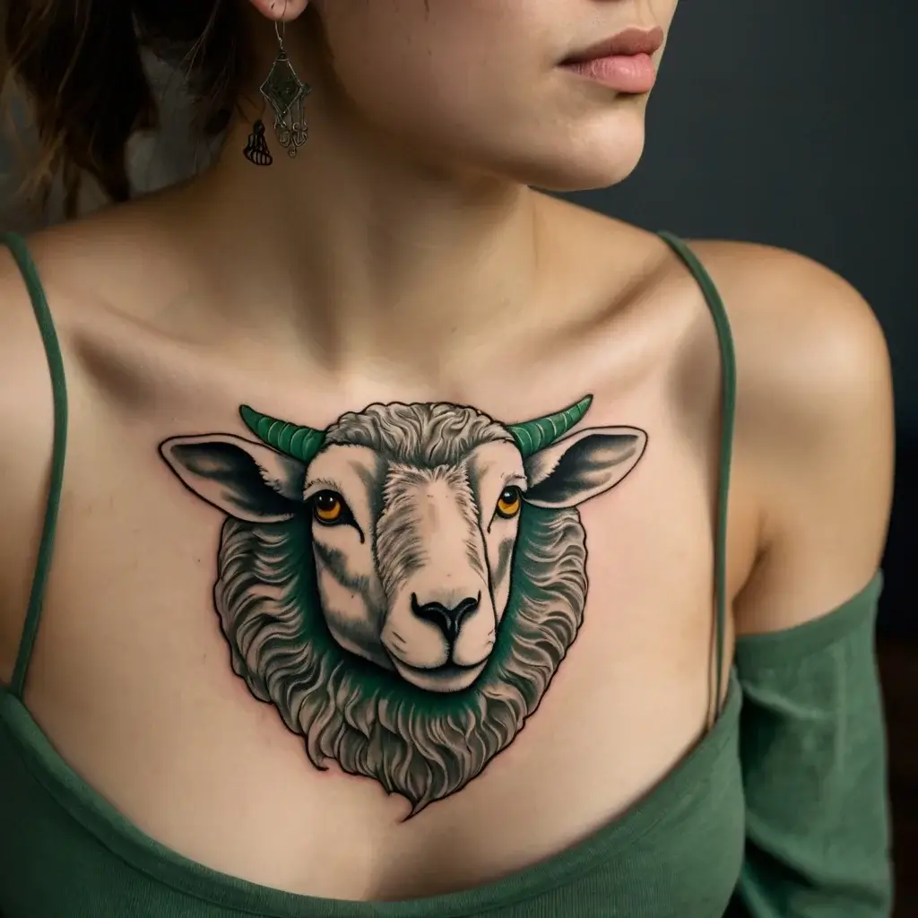 A striking tattoo of a sheep with greenish horns, detailed wool, and piercing eyes, centered on the upper chest.