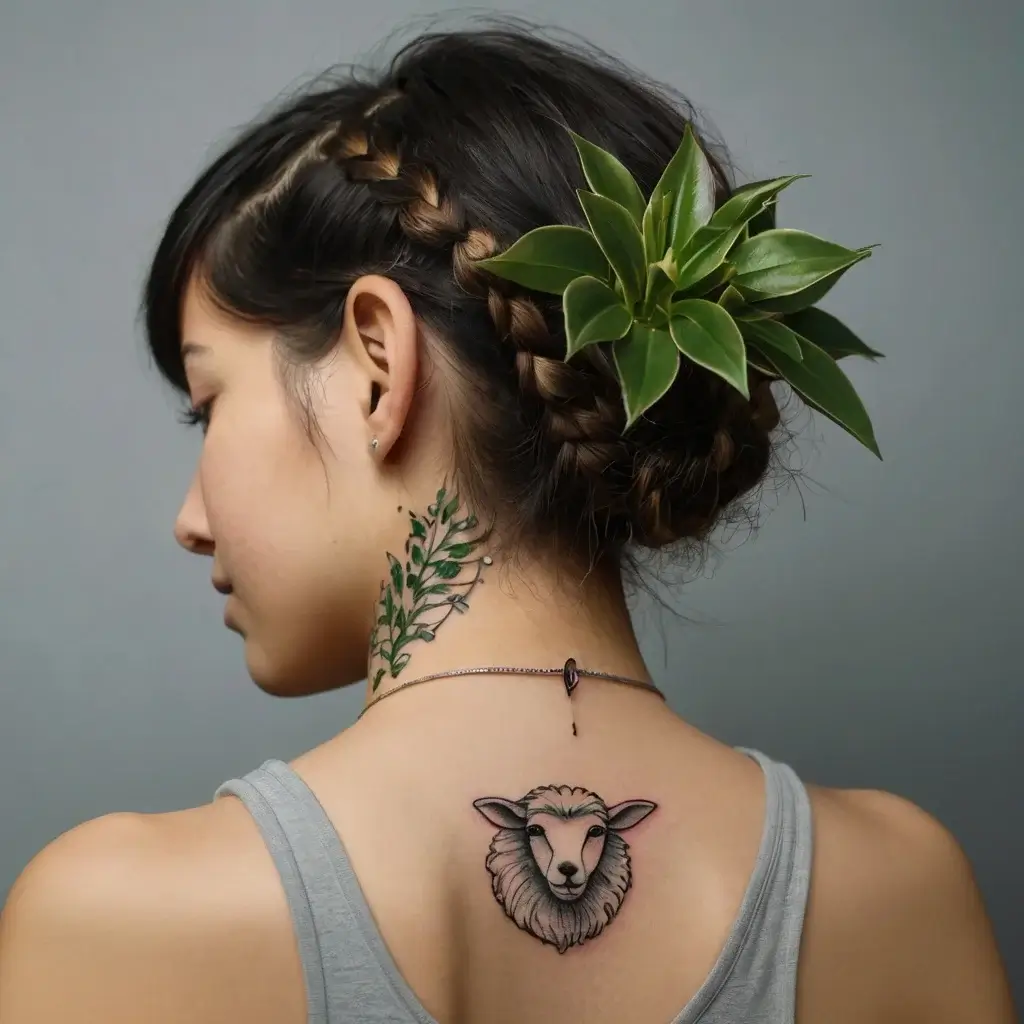 Tattoo of a sheep's head in black and white on the upper back, symbolic of innocence, with green leaf detail on the neck.