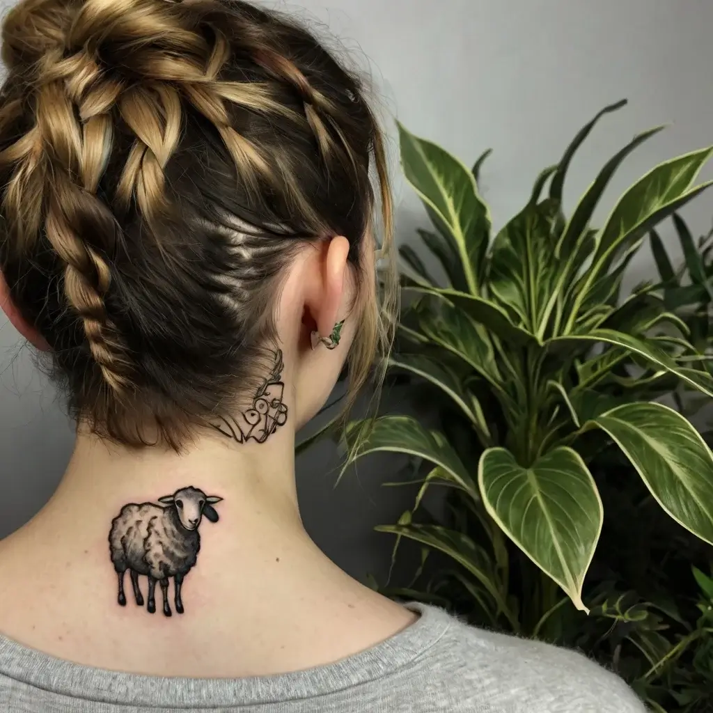 A realistic black and gray sheep tattoo on the neck, showcasing detailed wool texture and lifelike shading.