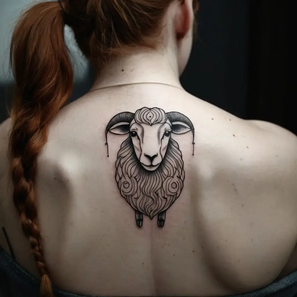 Tattoo of a stylized ram on upper back. Detailed horns and face, with intricate line work forming its wool.