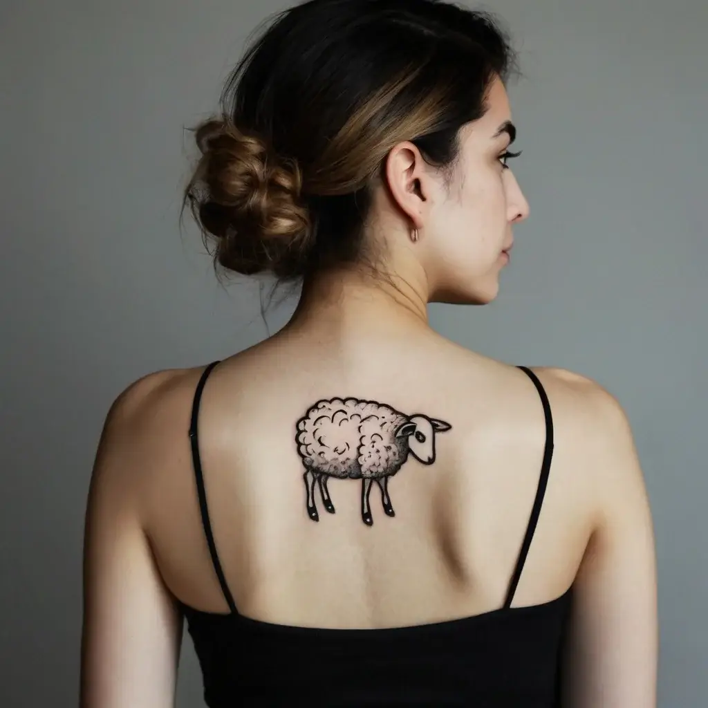 Tattoo of a fluffy sheep in a minimalistic style, placed on the upper back, emphasizing whimsy and innocence.