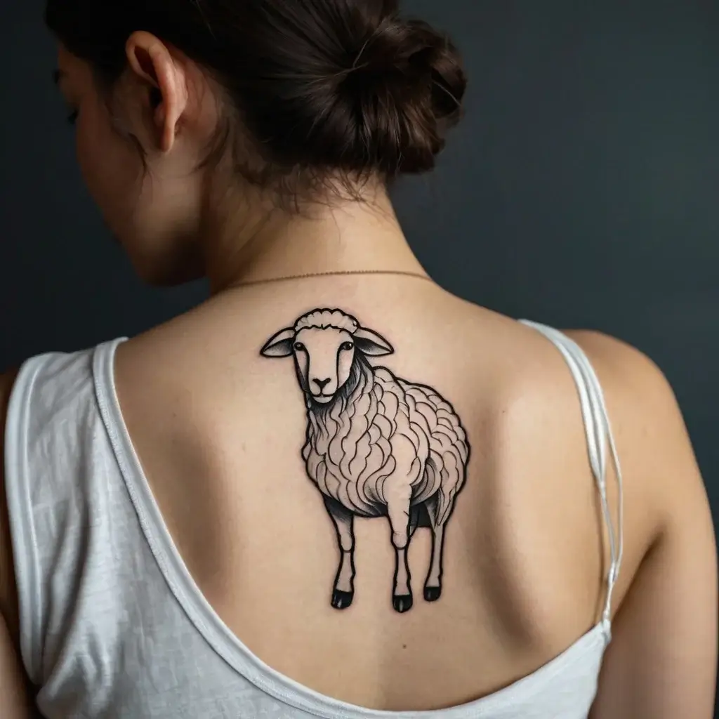 Tattoo of a realistic sheep with detailed wool, placed between shoulder blades, symbolizing innocence and tranquility.