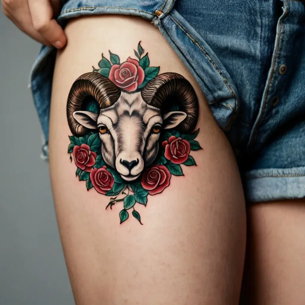 Tattoo of a ram's head with detailed horns, surrounded by vibrant red roses and green leaves on the thigh.