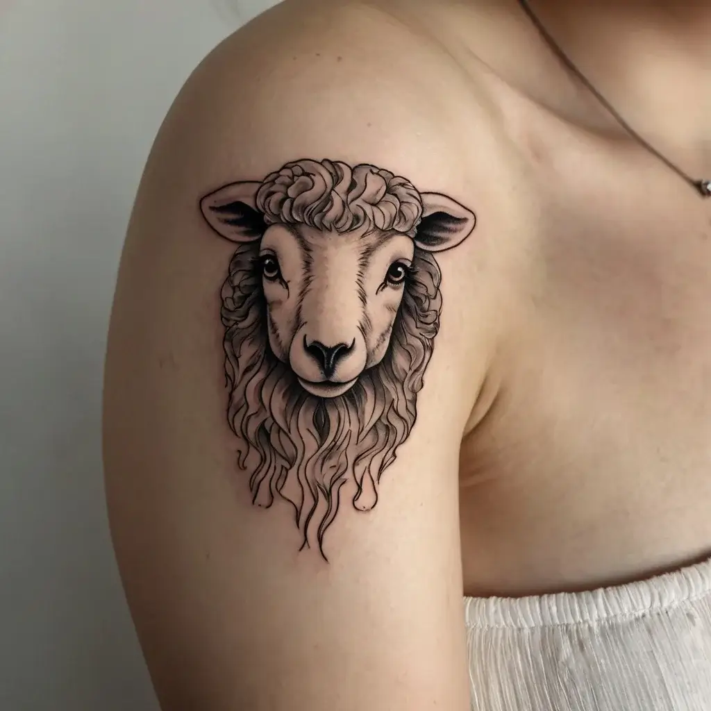 Tattoo of a realistic sheep's head with detailed shading and line work, placed on the upper arm for a striking look.