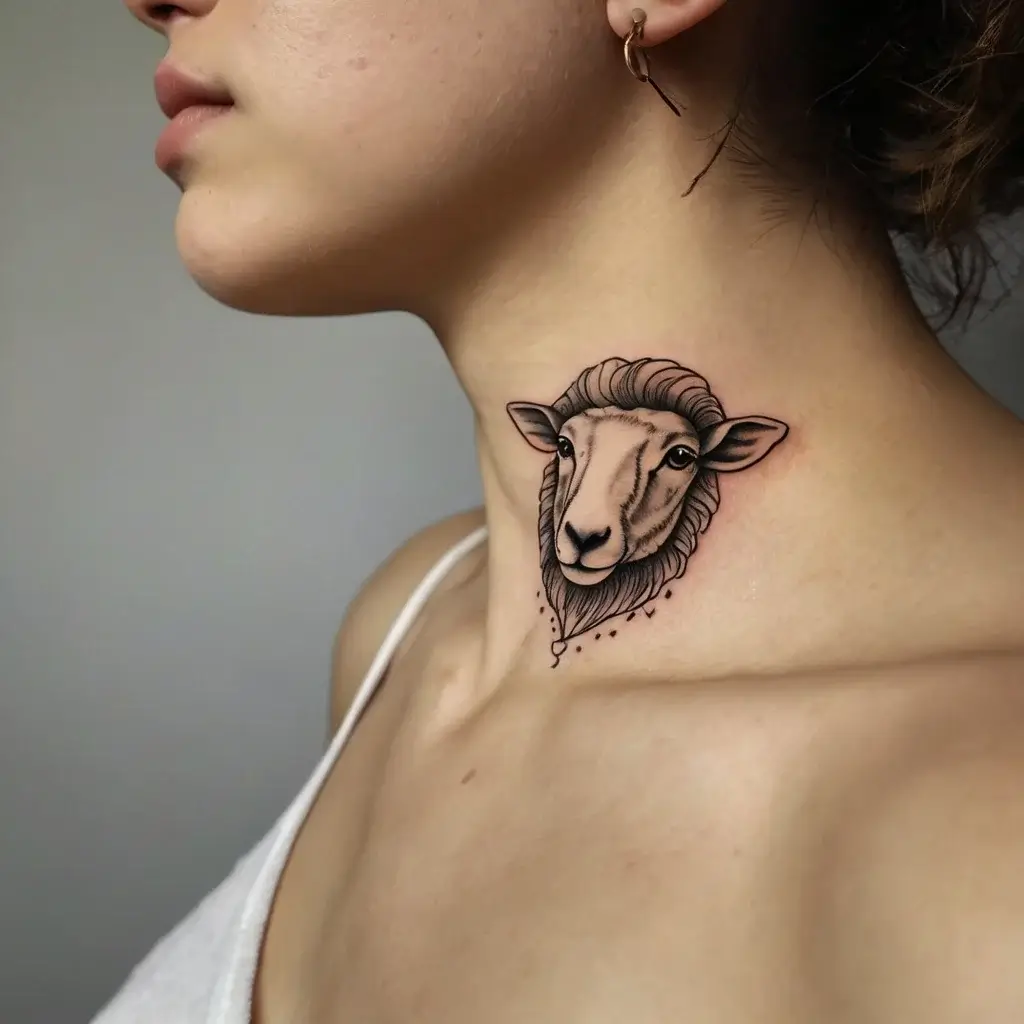 Tattoo of a realistic sheep's head on the neck, detailed wool and shading, symbolizing innocence and calmness.