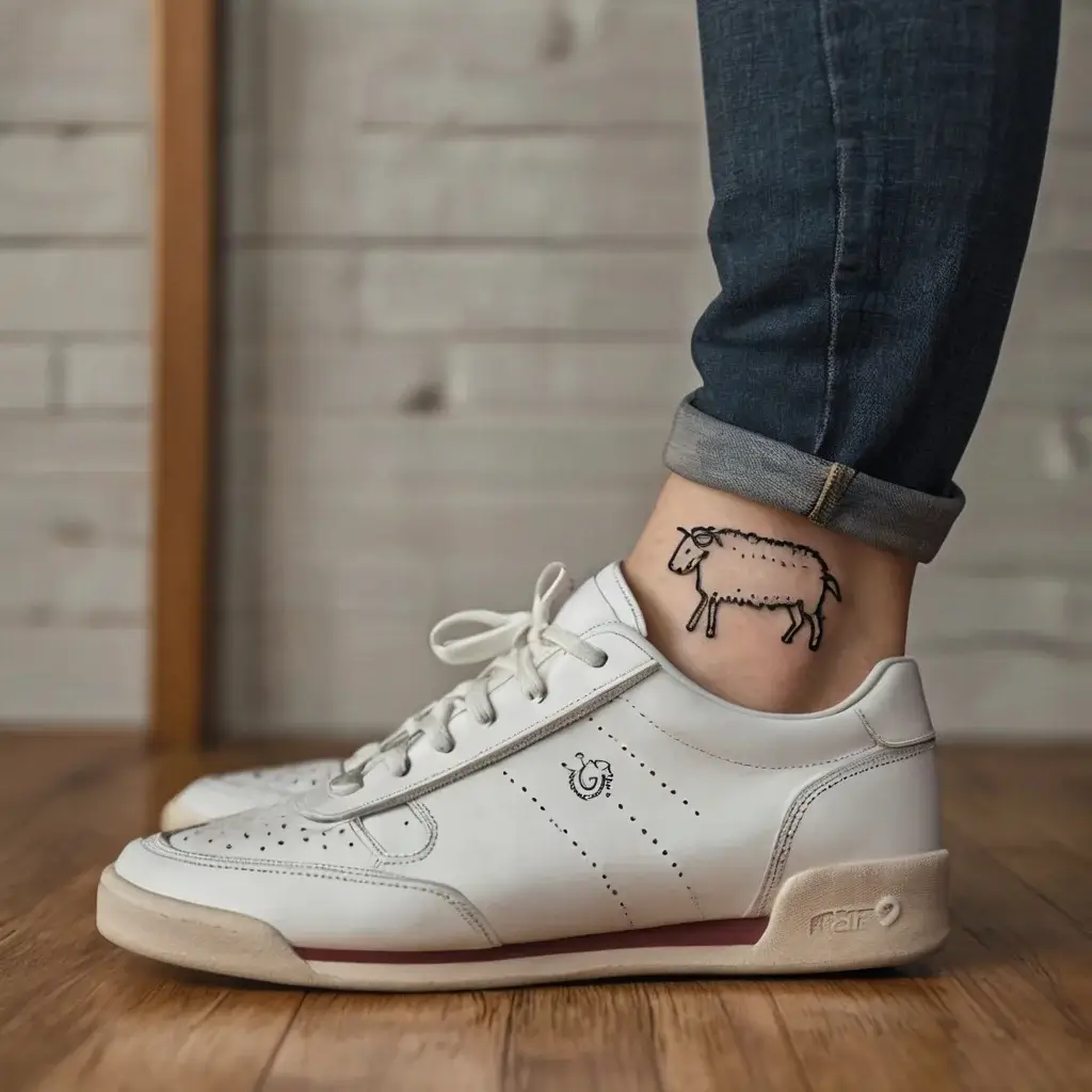 Simple line tattoo of a sheep on the ankle, capturing a whimsical, minimalist style.