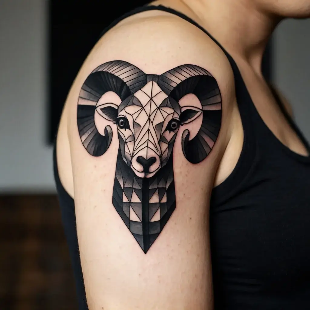 Geometric ram tattoo with intricate shading, centered on the upper arm; bold use of geometric shapes and dark tones.