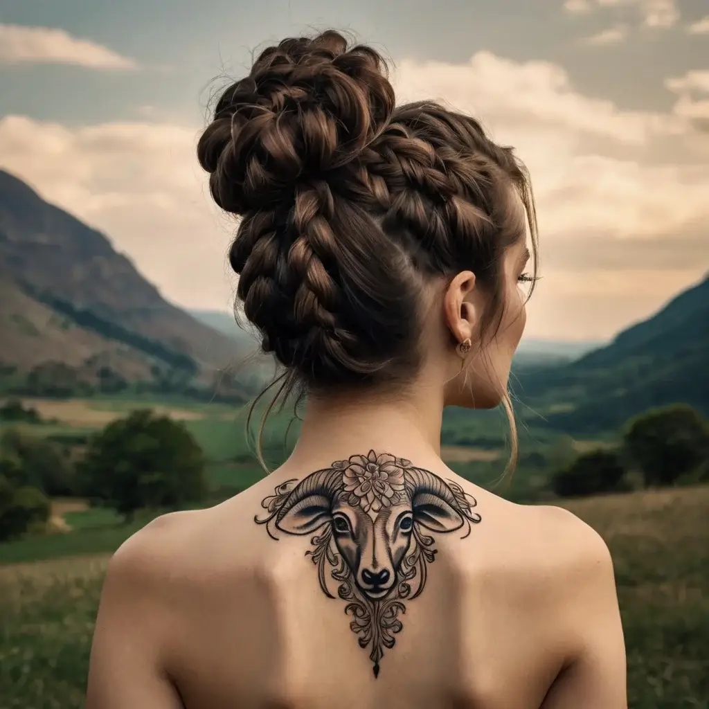 Tattoo of an ornate ram's head on upper back, detailed with floral patterns and intricate line work, symbolizing strength.