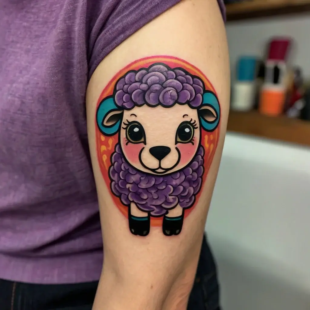 A cute lamb tattoo with vivid purple wool and blue accents in a vibrant cartoon style, set against an orange background.