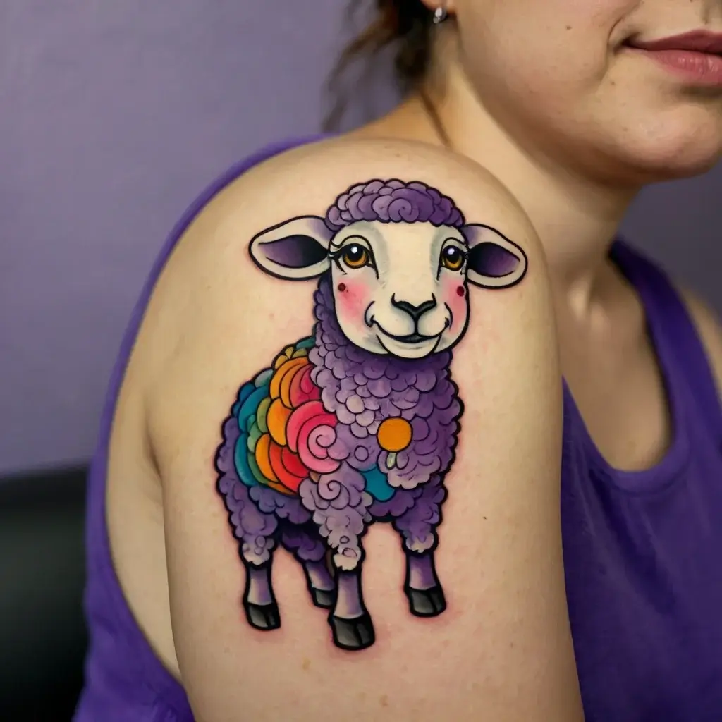 Tattoo of a smiling purple sheep with vibrant, rainbow-colored wool on a shoulder, blending realism and abstract art.