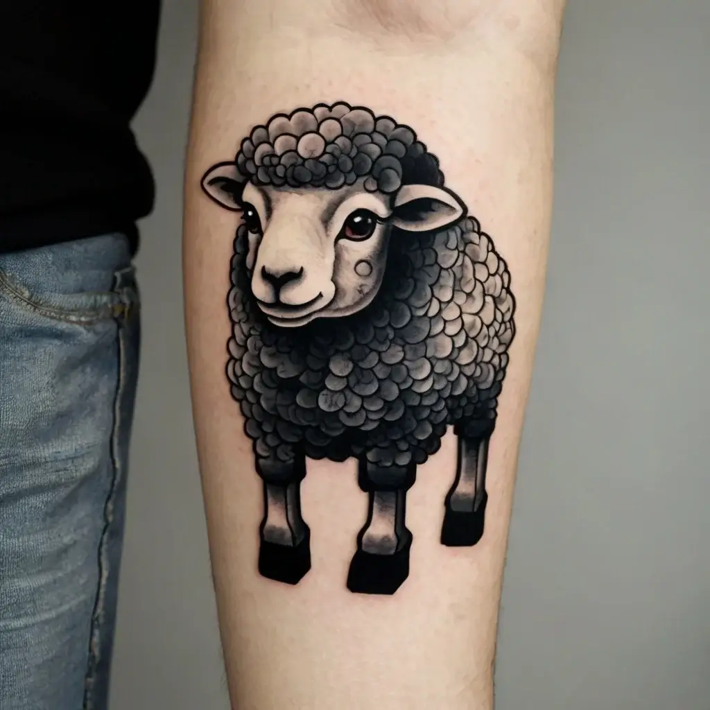 A black sheep tattoo with realistic shading and thick outlines, capturing a playful expression on the forearm.