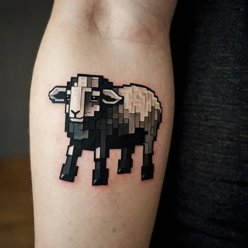 Pixelated sheep tattoo design with bold black and gray blocks, giving a retro, digital art vibe on the skin.