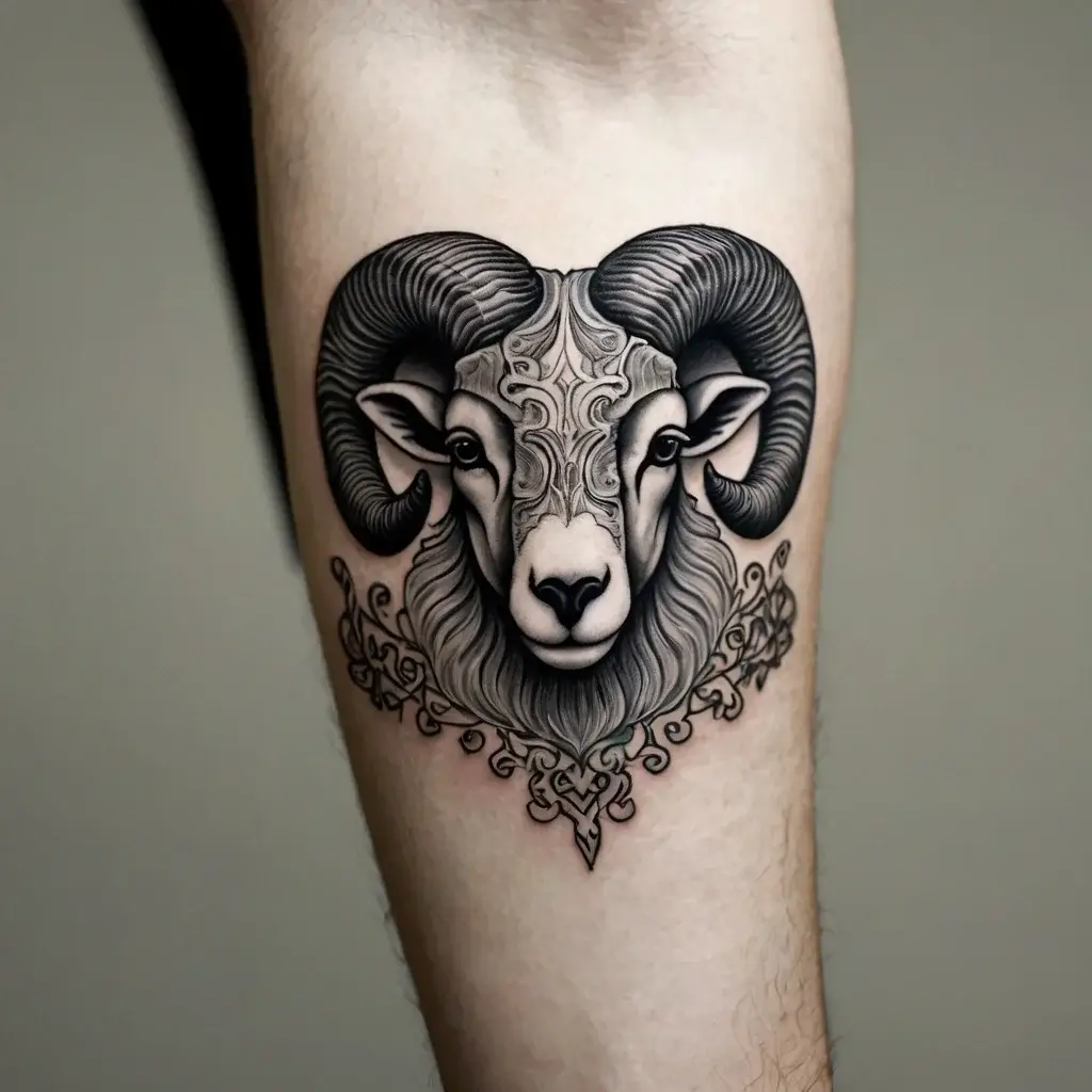 Tattoo of a ram's head with ornate patterns on its forehead, surrounded by intricate swirling details underneath.