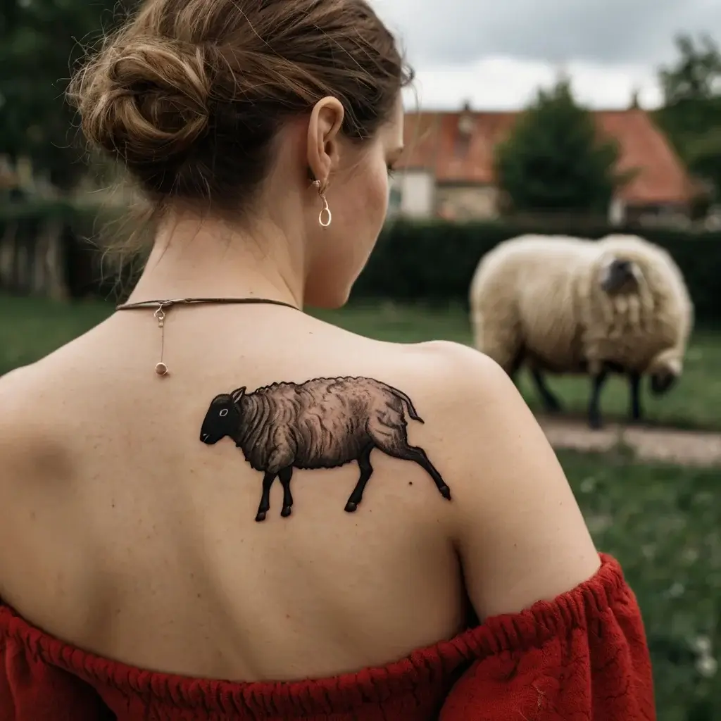 Tattoo of a realistic sheep with textured wool in black and grey ink, located on the left shoulder blade.