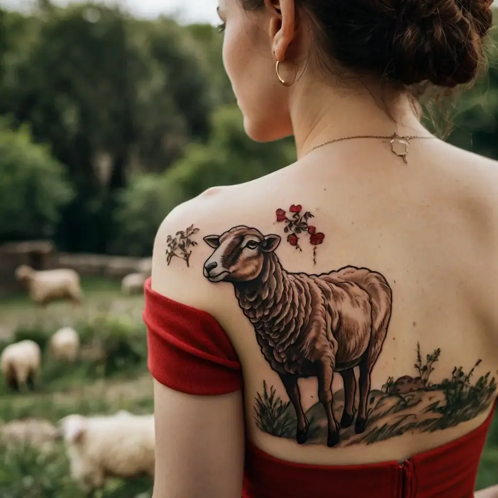 A realistic sheep tattoo on the shoulder, surrounded by floral elements, symbolizes nature and tranquility.