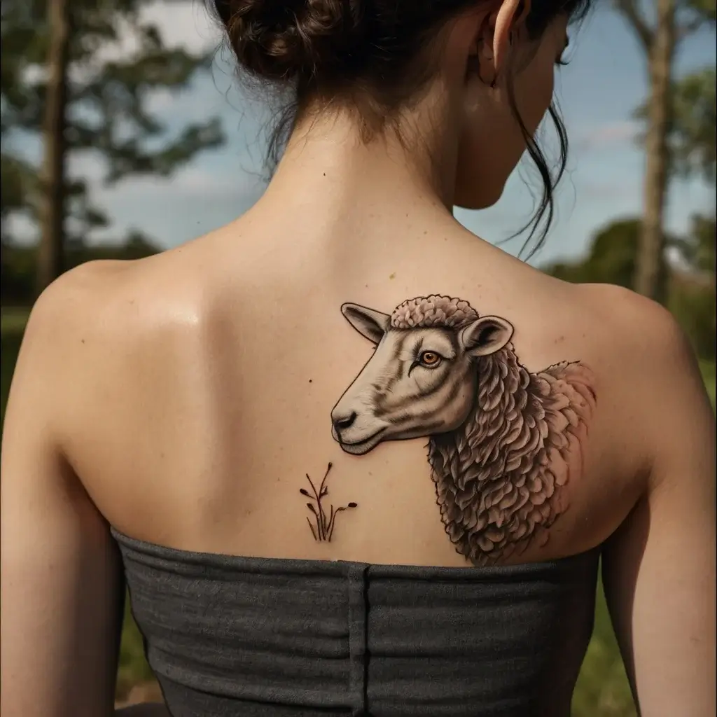 Realistic sheep tattoo on upper back with detailed wool and serene expression, highlighting nature and simplicity.