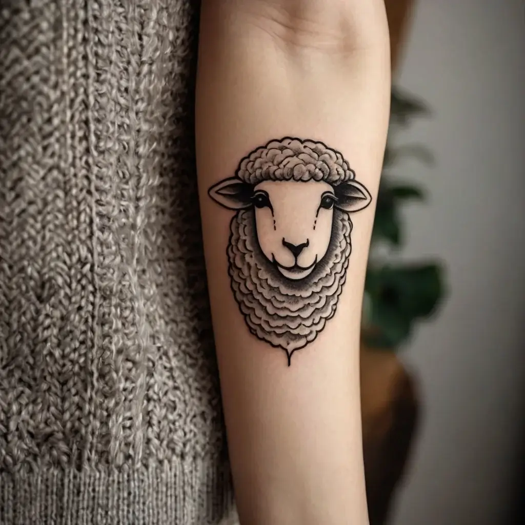 Tattoo of a sheep's head with detailed, curly wool in black ink on forearm, symbolizing peace and innocence.