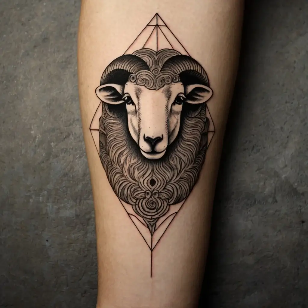 Geometric tattoo of a ram's head enclosed in a diamond shape, featuring intricate linework and shading.