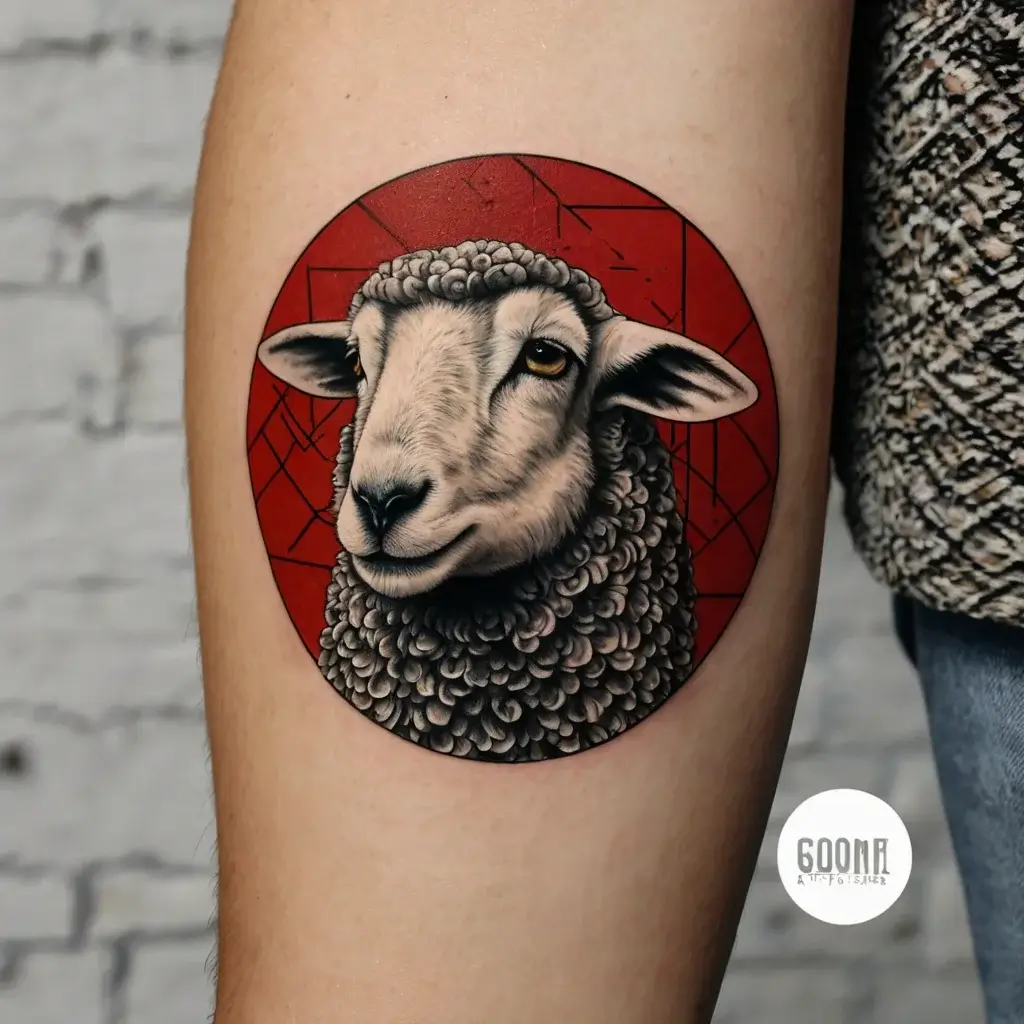 Realistic sheep portrait in circular frame, set against a bold red geometric background.