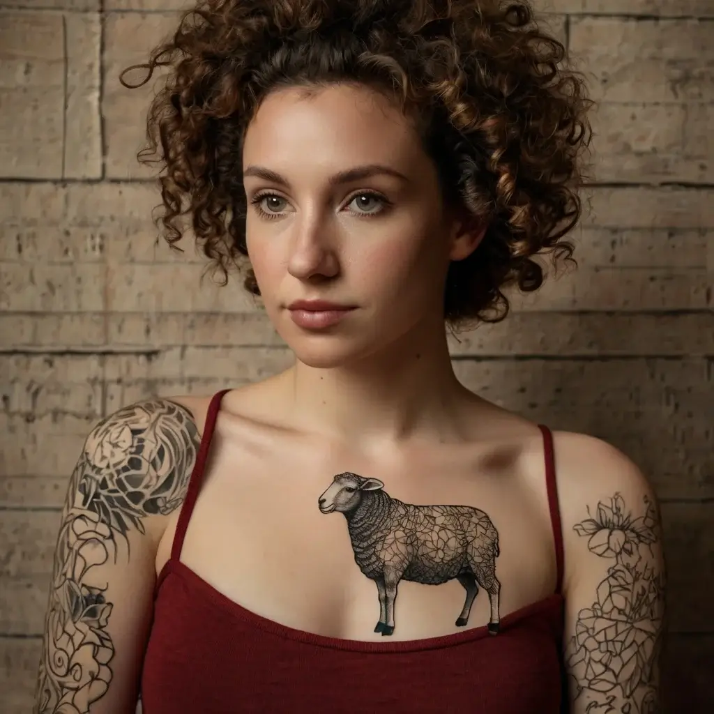 Realistic sheep on chest with mosaic-like pattern, surrounded by floral sleeve tattoos on both arms.