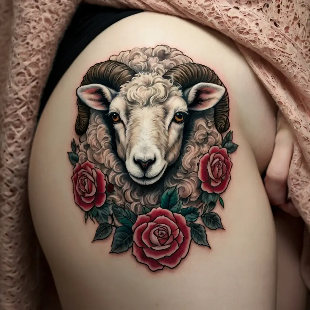 Tattoo of a ram's head surrounded by three red roses, detailed with realistic shading and vibrant colors, set on the thigh.