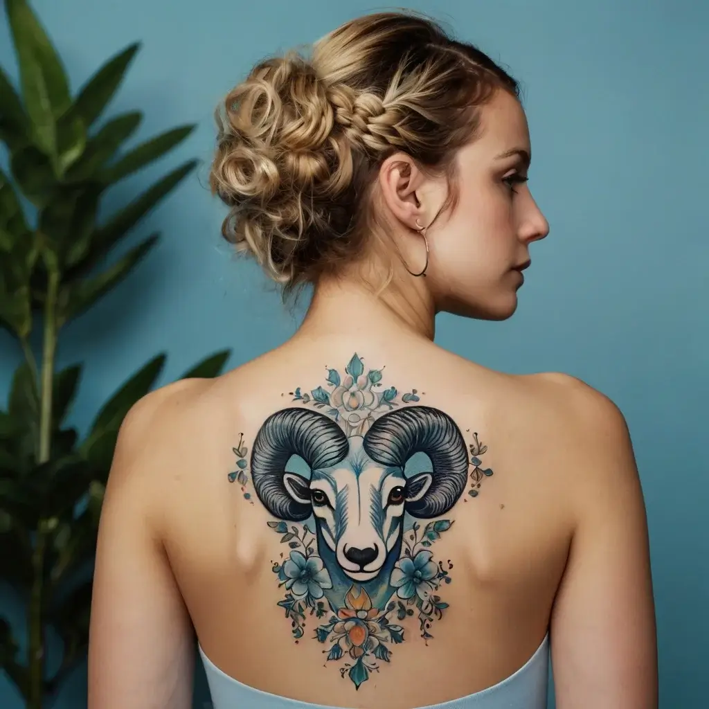 Tattoo of a stylized ram's head with large horns, surrounded by intricate floral designs in soft blue and orange hues.