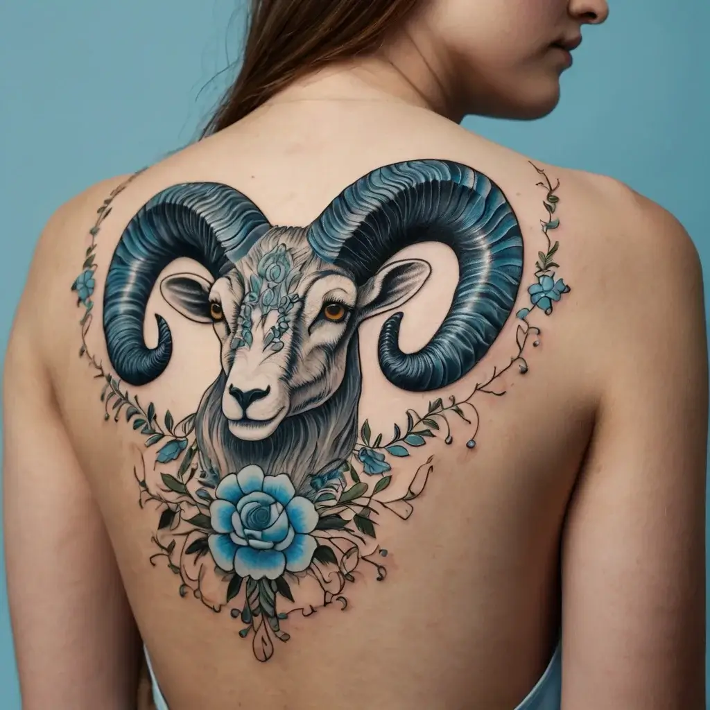 A ram with ornate blue horns, surrounded by floral vines and a central blue rose on the back, symbolizing strength.