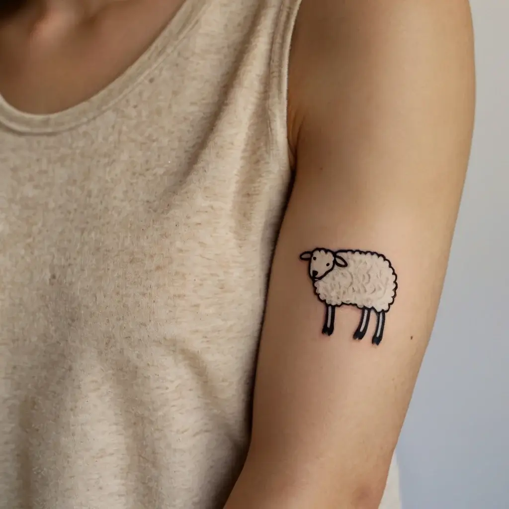 Minimalist sheep tattoo on arm, featuring simple black outlines and fluffy wool detail, symbolizes innocence and calm.