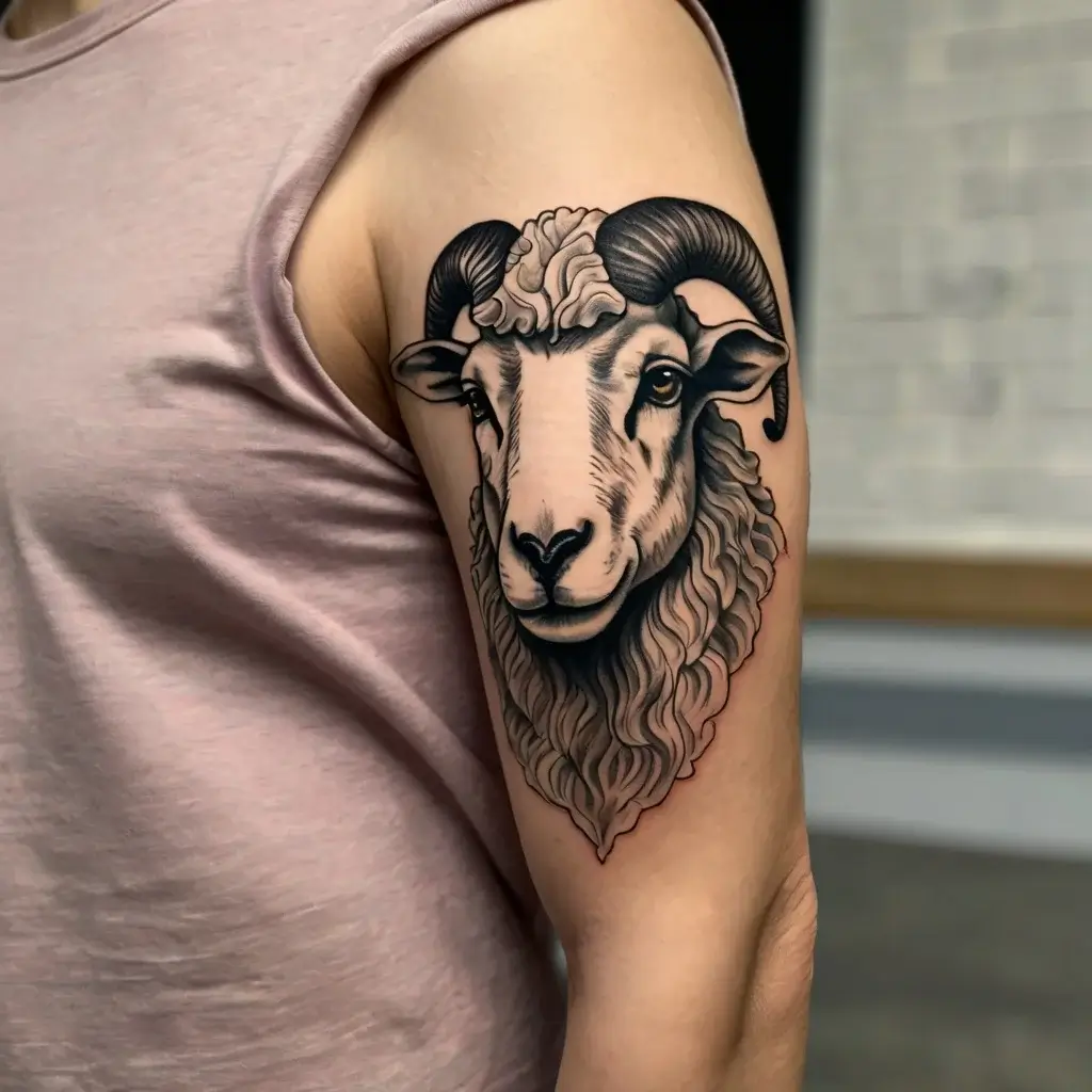 Arm tattoo of a detailed ram's head with bold black outlines and intricate shading, symbolizing strength and determination.