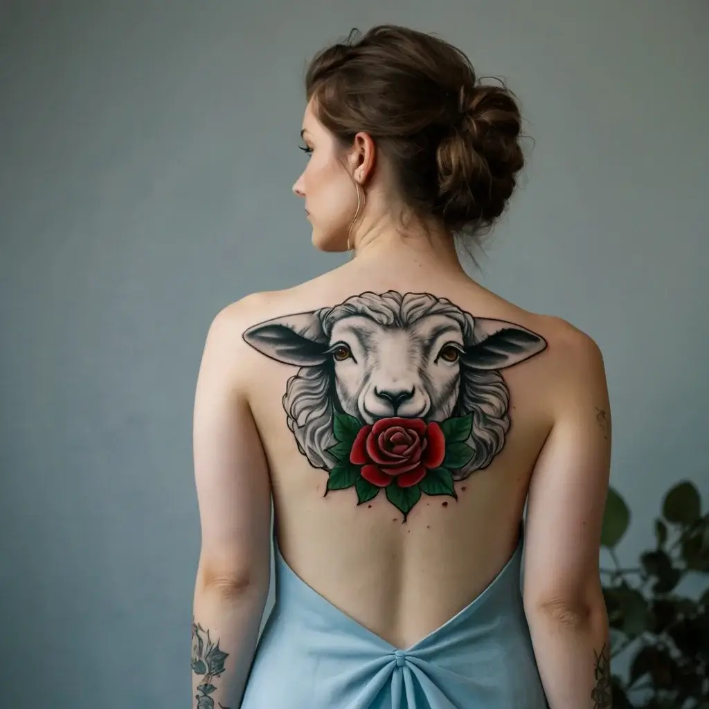 A detailed tattoo of a sheep with a red rose in its mouth, centered on the upper back, showcasing bold outlines and shading.