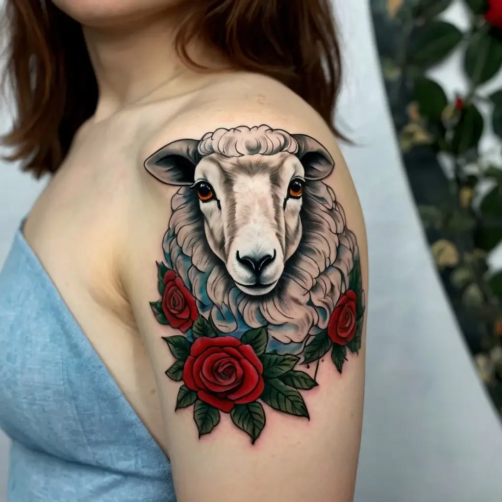 Tattoo of a realistic sheep head on the upper arm, surrounded by vibrant red roses and green leaves.