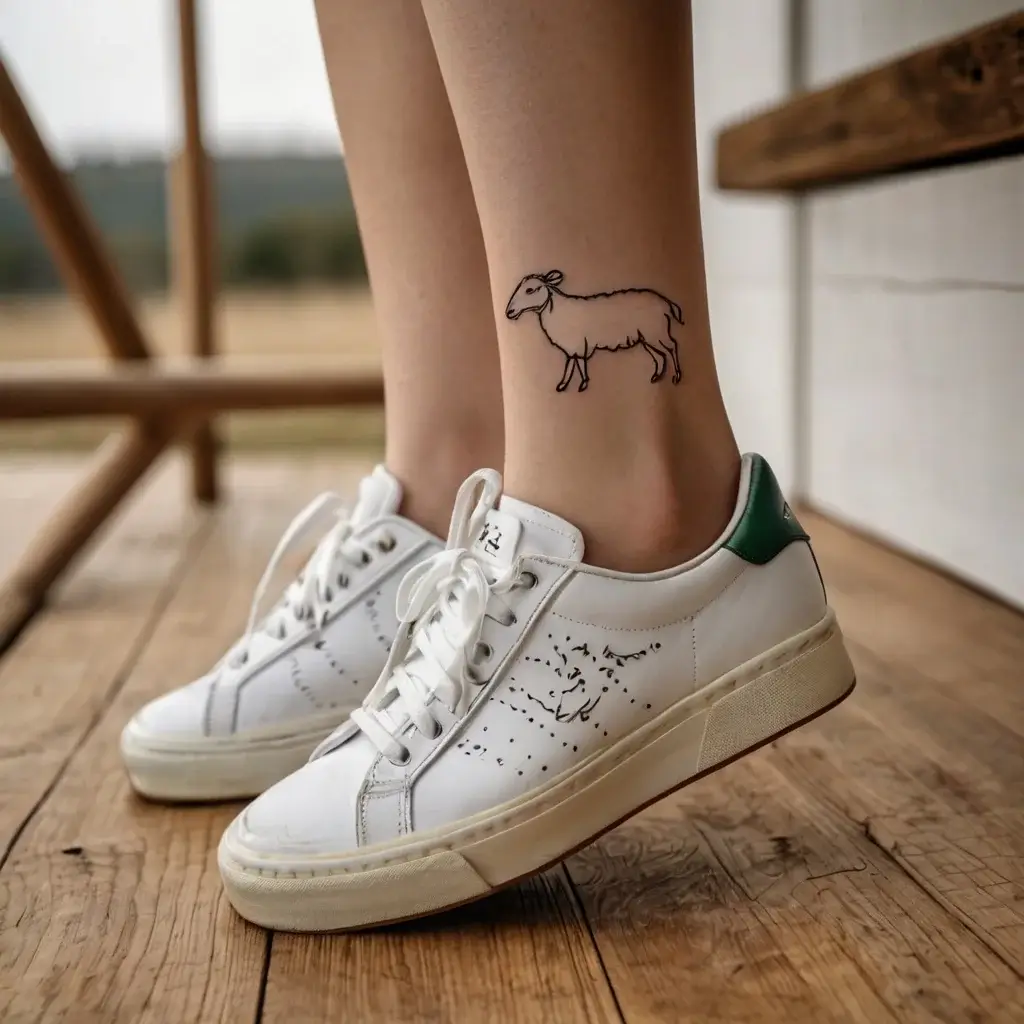 Minimalist sheep tattoo on the ankle, featuring simple outlines and detail, symbolizing innocence or pastoral life.