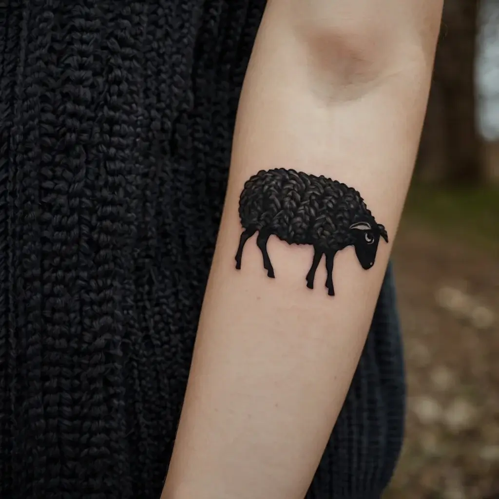 Tattoo of a black sheep with intricate wool texture on the arm, symbolizing individuality and rebellion.