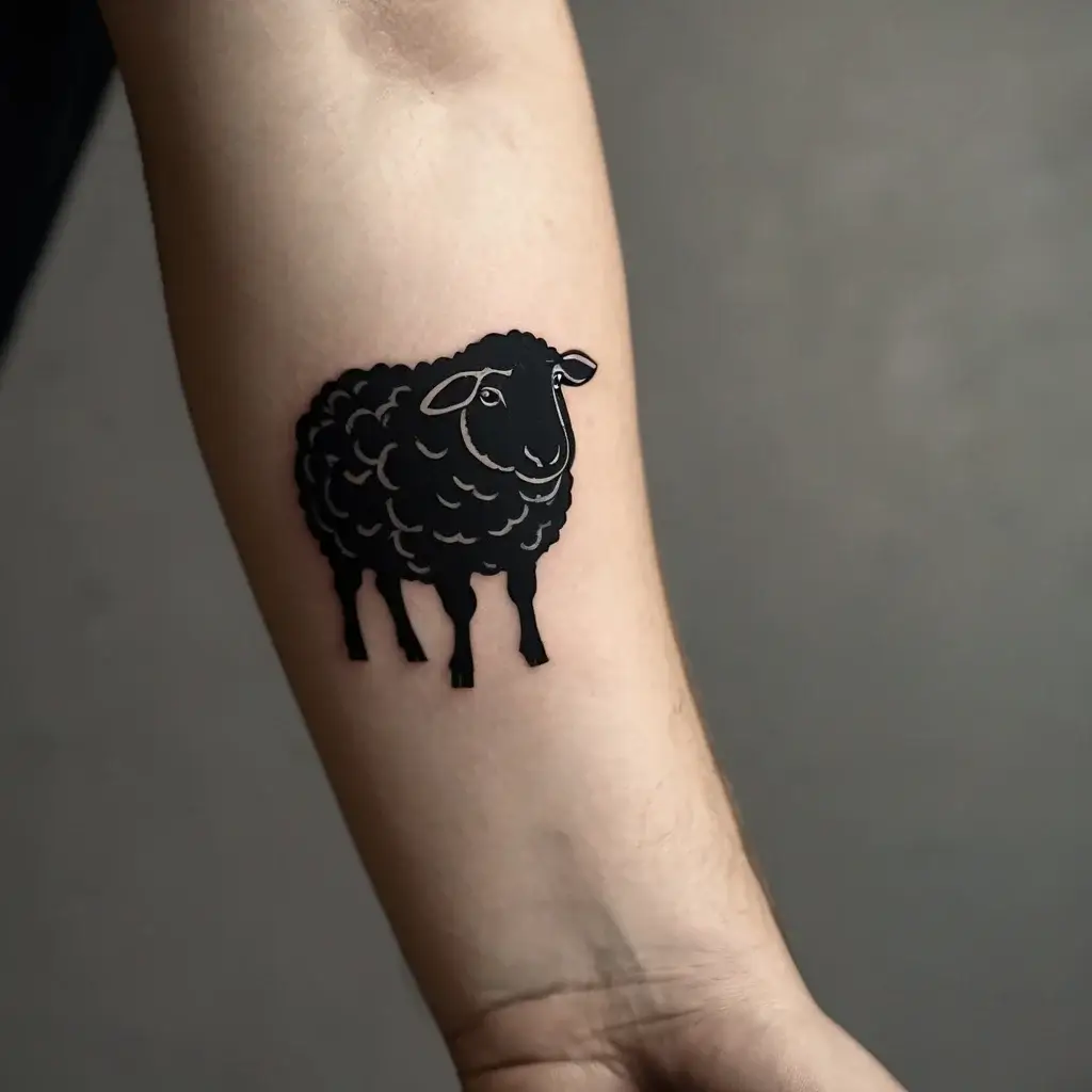 Bold black sheep tattoo on forearm, symbolizing individuality and nonconformity, with simple, smooth outlines.