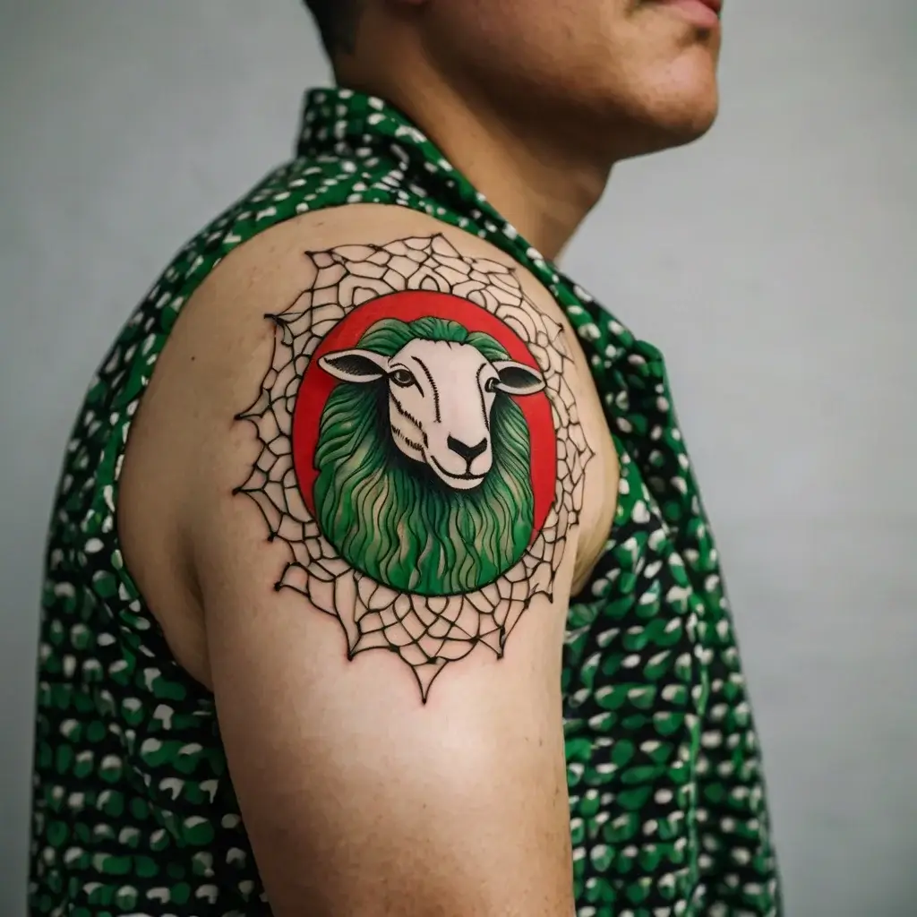 Tattoo of a sheep with green wool inside a red circle, surrounded by black geometric web patterns on the upper arm.