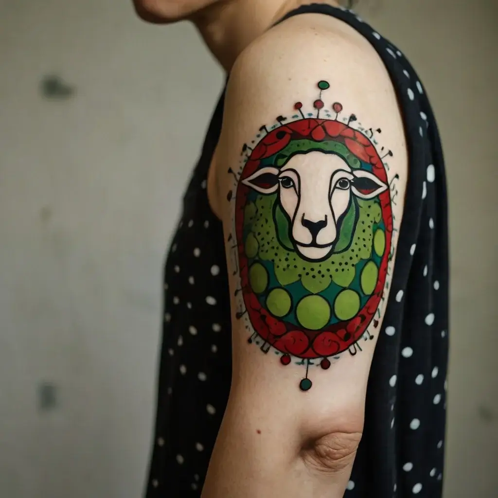 Bold sheep tattoo with geometric patterns in red, green, and black colors, adorned with symmetrical dot accents.