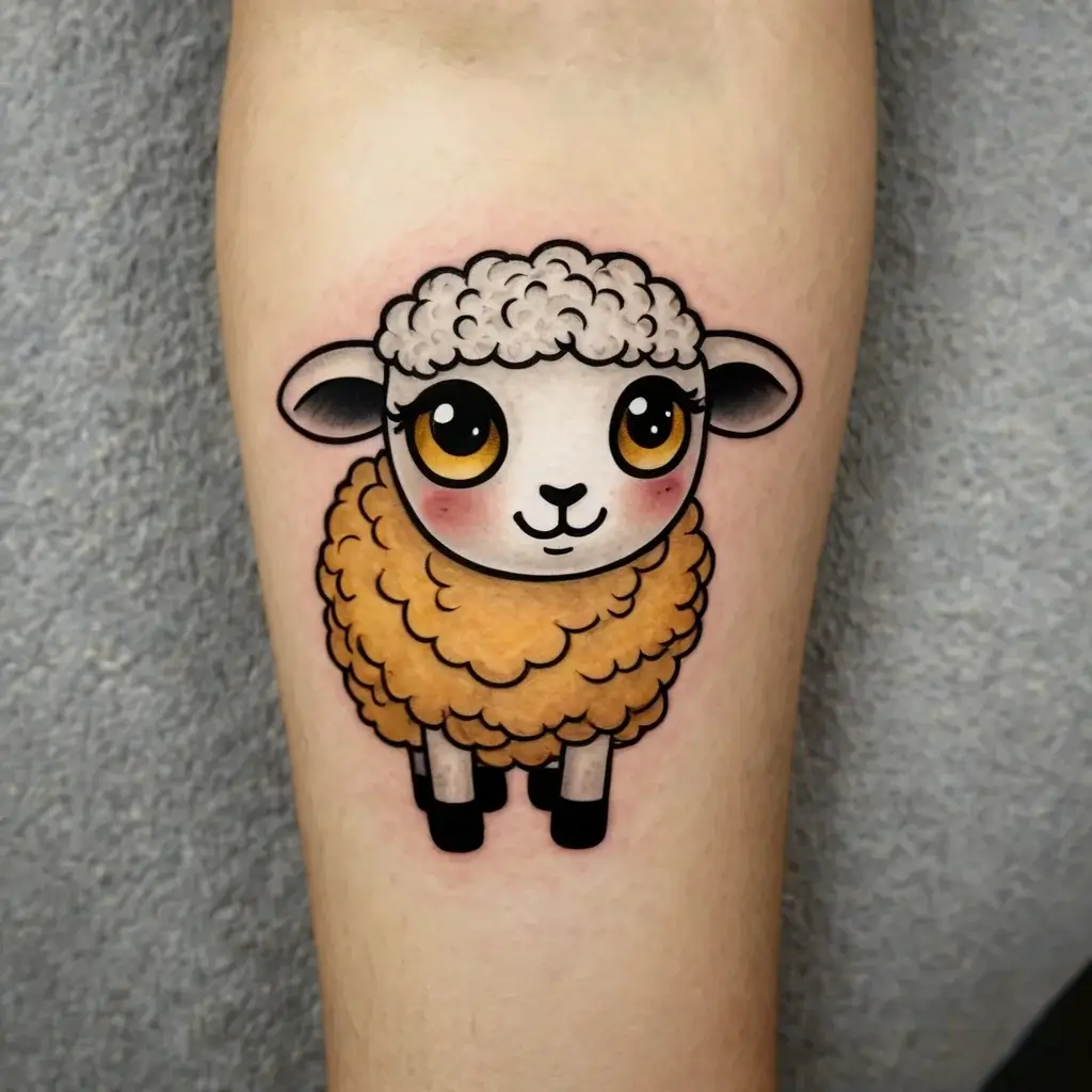 Adorable cartoon sheep tattoo with large eyes and curly wool. Bright colors and bold outlines create a playful look.