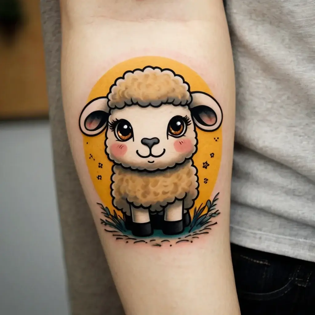 Cute cartoon sheep tattoo with large eyes and blush cheeks against a yellow circle, surrounded by stars and grass details.