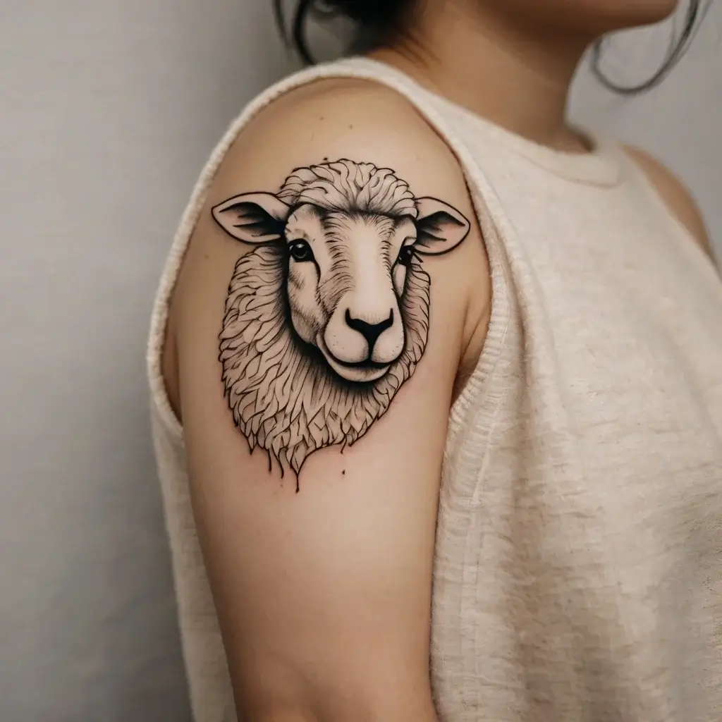 Tattoo of a detailed sheep's head in black and gray ink on upper arm, showcasing intricate wool and facial features.