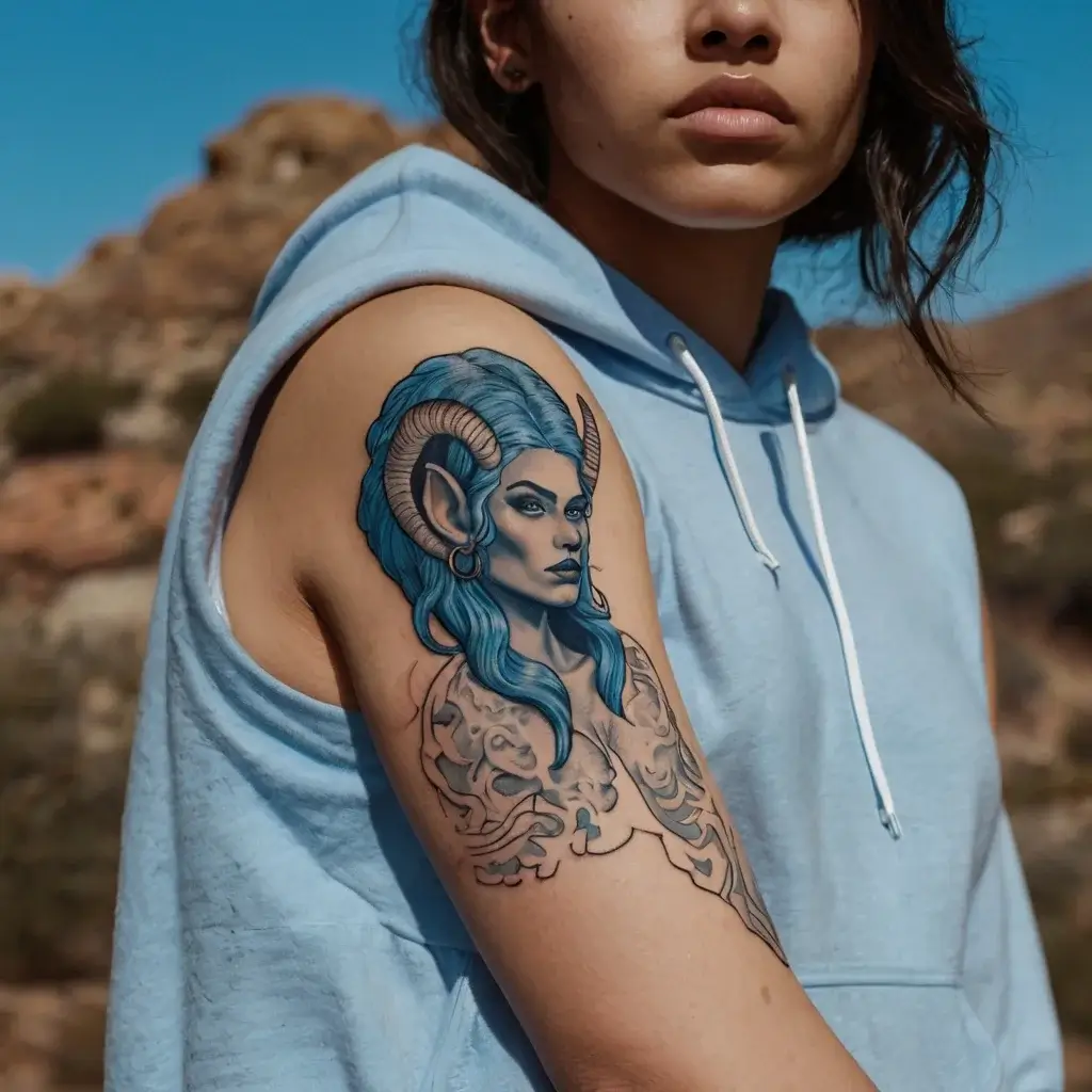 Tattoo of a horned woman with blue hair, blending with intricate floral and abstract patterns on the arm.