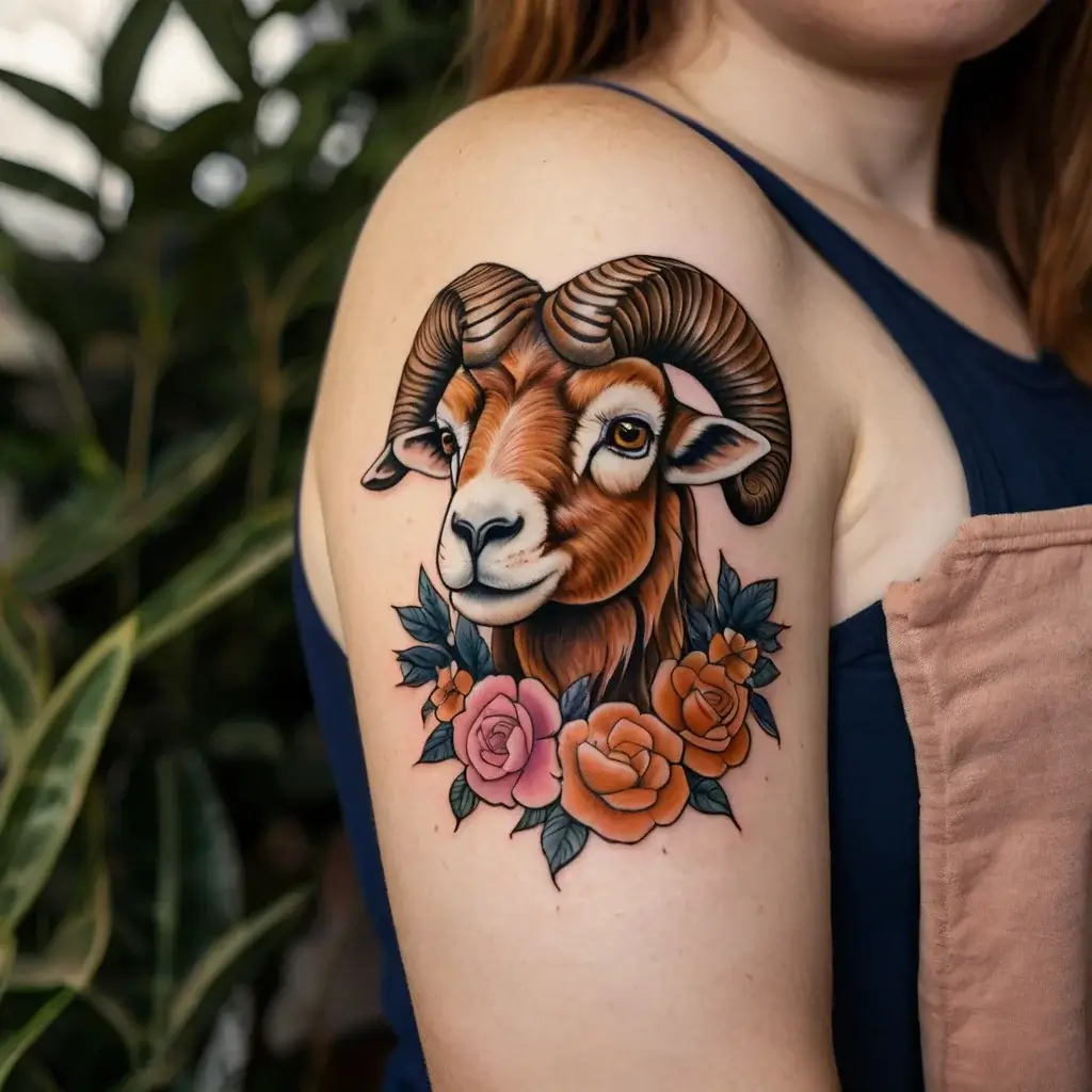 Realistic ram head tattoo with detailed horns, surrounded by vibrant pink and orange roses on the upper arm.