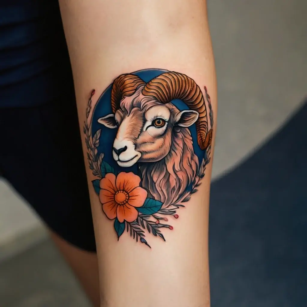 Tattoo of a detailed ram head with curved horns on a dark blue circle, surrounded by flowers and leaves, vibrant colors.