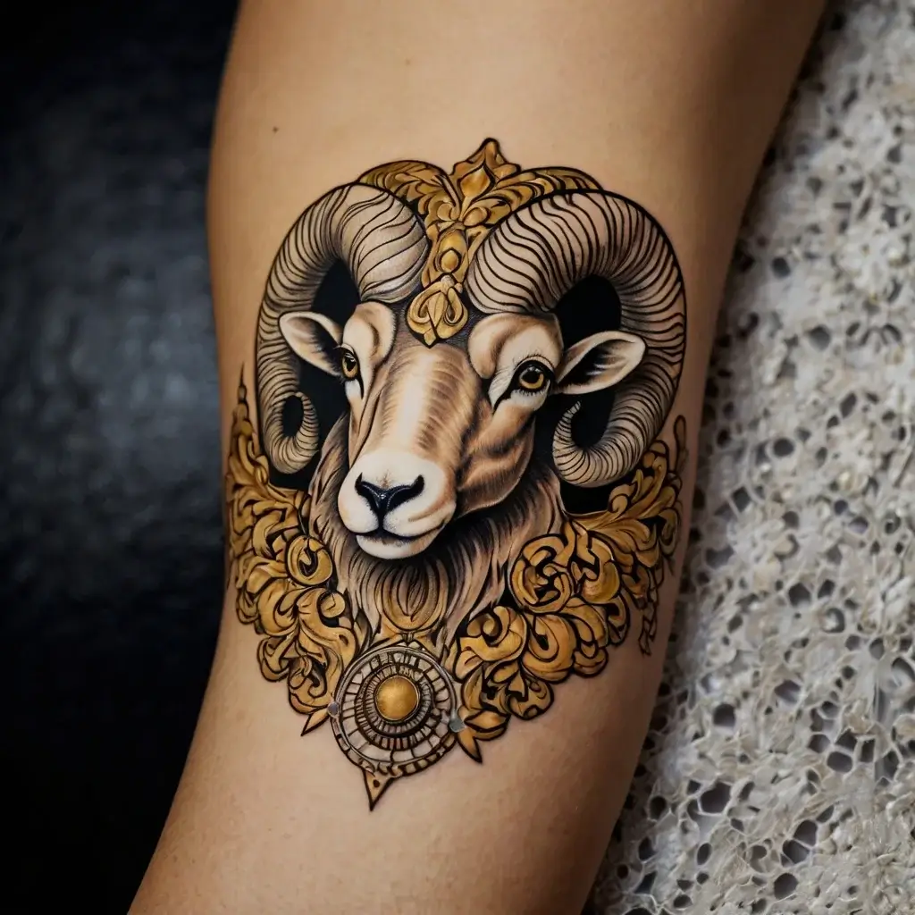 Ram's head tattoo with intricate golden filigree detailing symbolizes strength and determination.