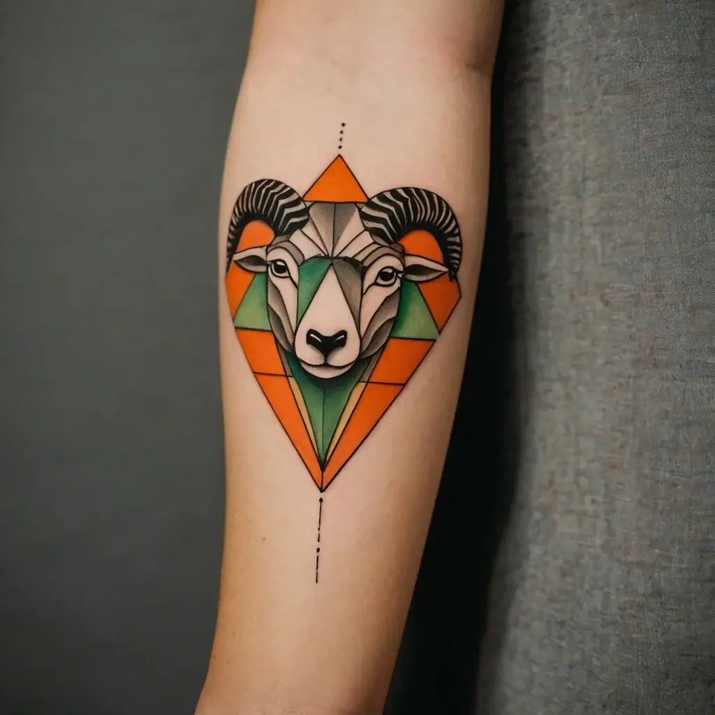 A geometric ram head tattoo with vibrant orange and green shapes, highlighted by bold black outlines on the forearm.