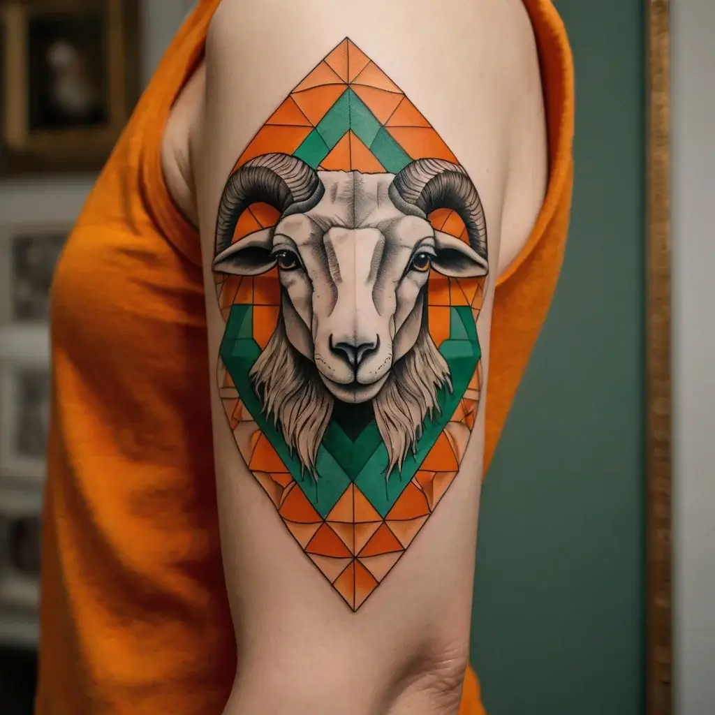 A geometric ram tattoo with vibrant orange and green patterns, featuring realistic shading on the ram's face.