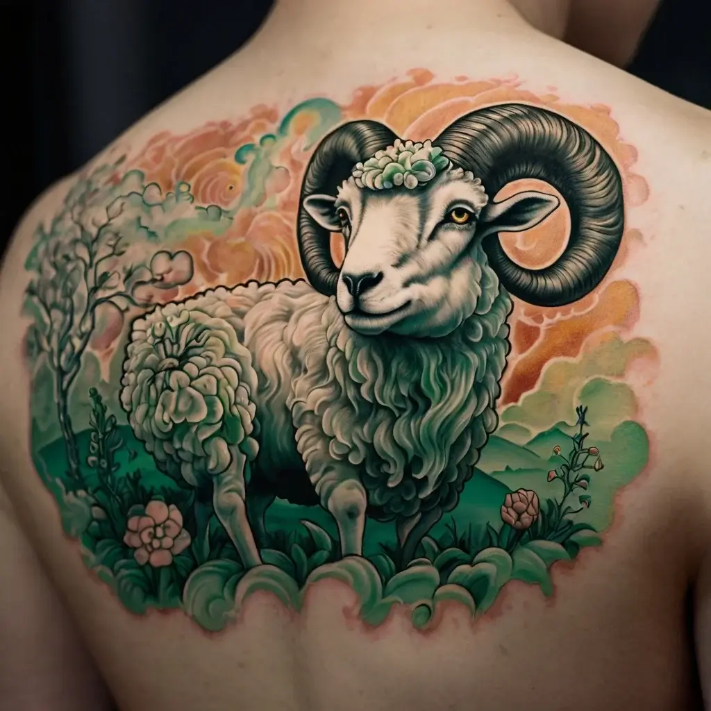 Tattoo of a detailed ram with curving horns and floral accents, set against a colorful, cloud-filled background.