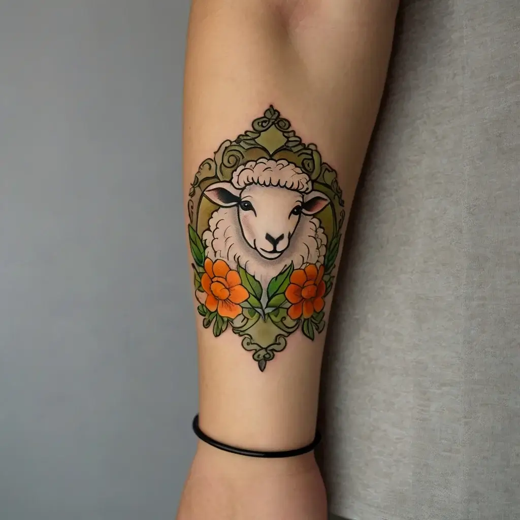 Tattoo of a sheep adorned with orange flowers, encased in an ornate, symmetrical frame on a forearm.